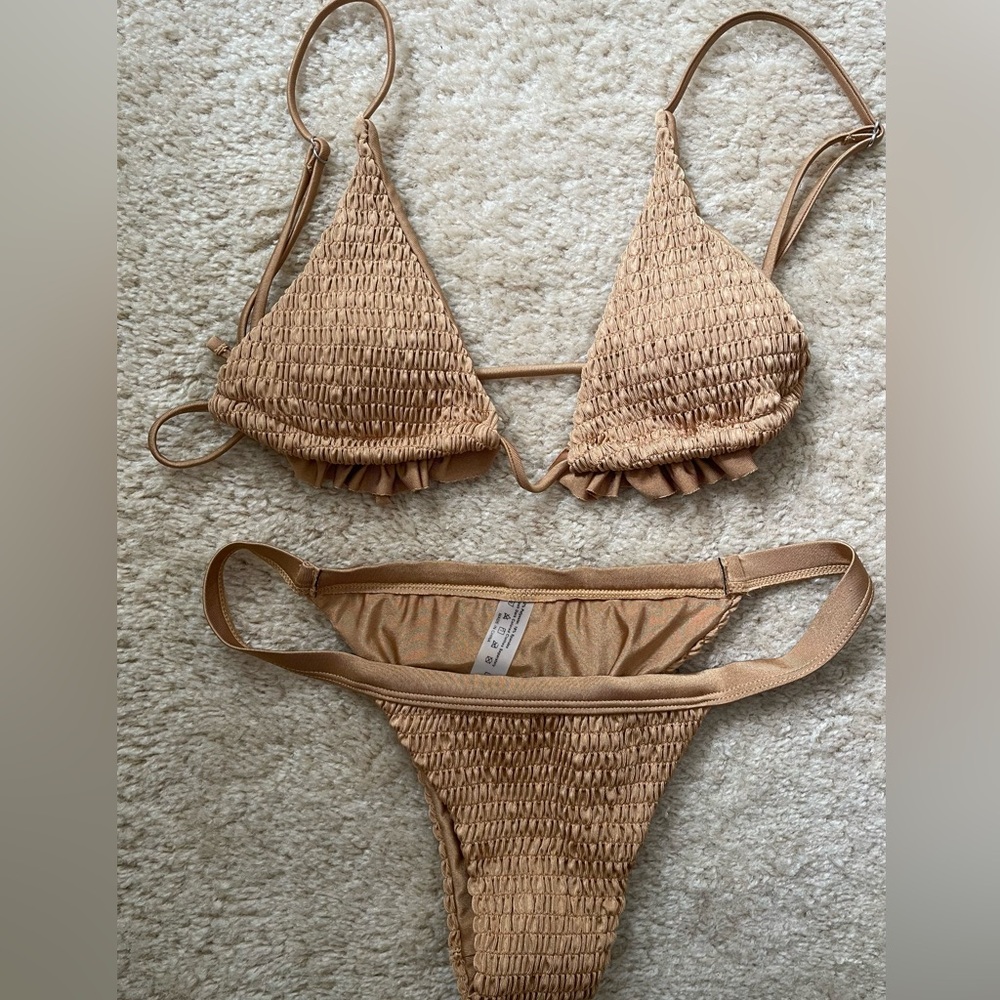 SHEIN Beige Ruched Triangle Bikini Set